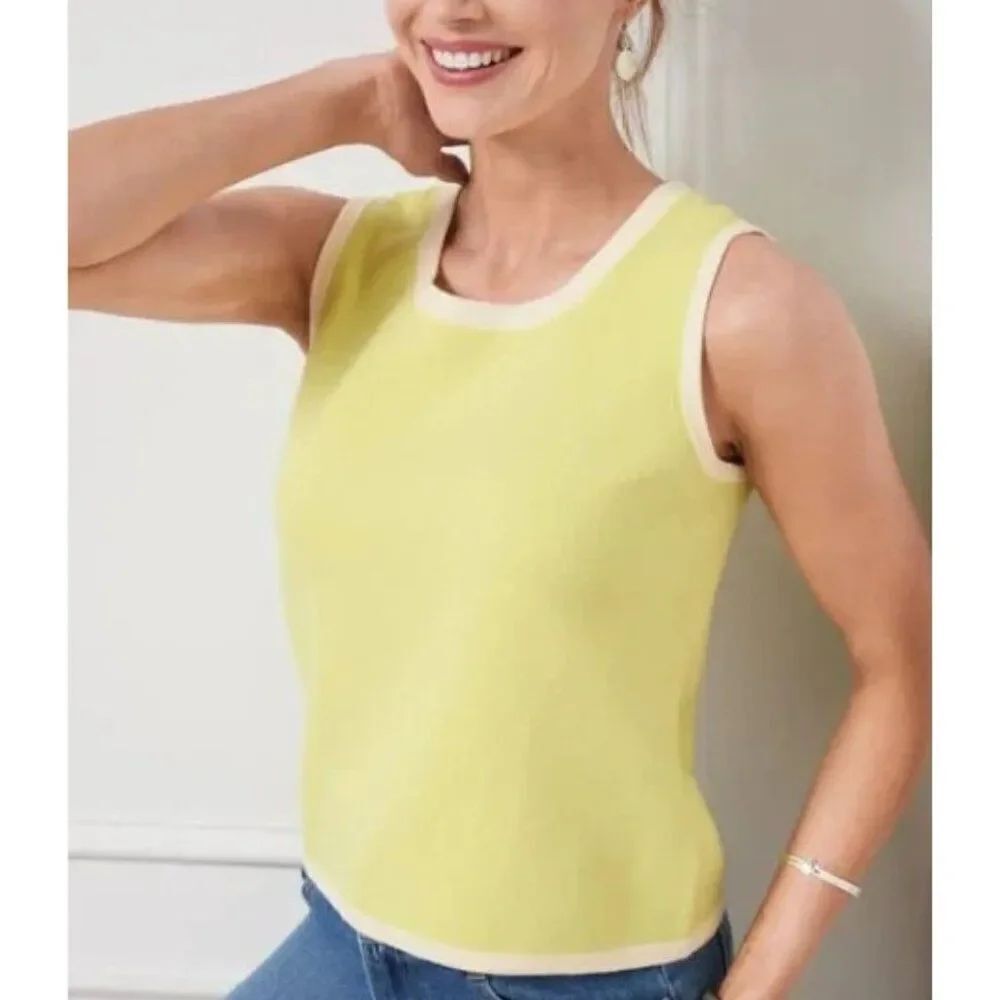 Talbots Womens Sweater Top Size XL Yellow White Knit Crew Neck Pullover NWT